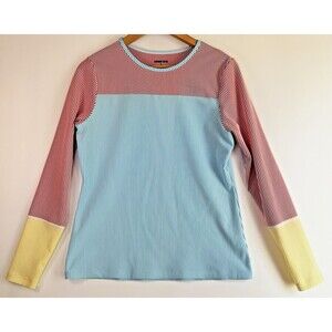 Lands End Girls Seersucker Rash Guard Swim Shirt Medium 10 12 Long Sleeve UPF 50